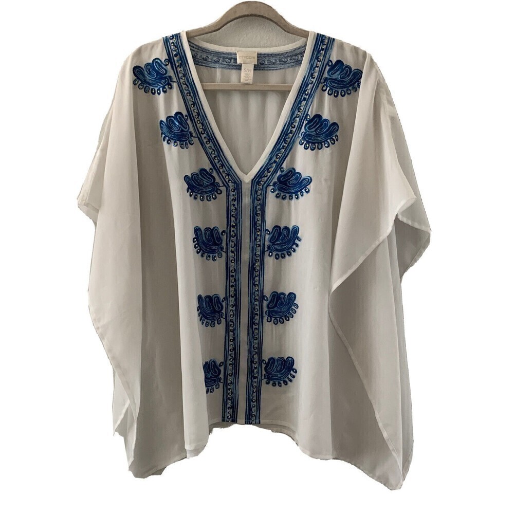Chico's Womens Size Small Medium White Blue V Neck Trim Kimono Blouse Top
